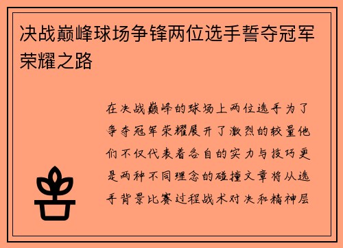 决战巅峰球场争锋两位选手誓夺冠军荣耀之路