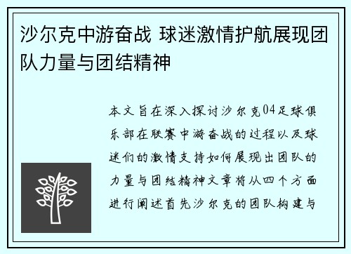 沙尔克中游奋战 球迷激情护航展现团队力量与团结精神