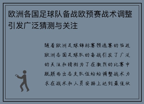 欧洲各国足球队备战欧预赛战术调整引发广泛猜测与关注