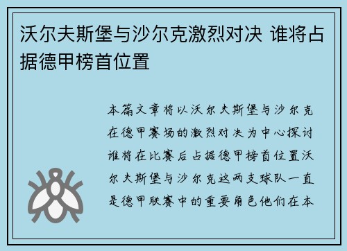 沃尔夫斯堡与沙尔克激烈对决 谁将占据德甲榜首位置