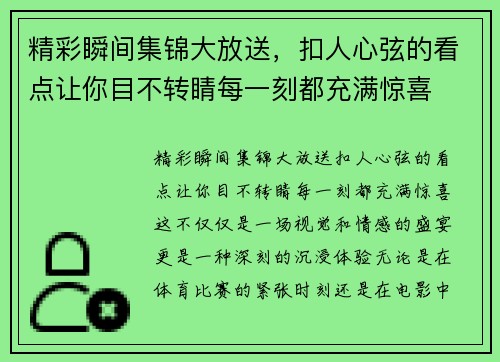 精彩瞬间集锦大放送，扣人心弦的看点让你目不转睛每一刻都充满惊喜