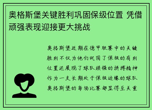 奥格斯堡关键胜利巩固保级位置 凭借顽强表现迎接更大挑战