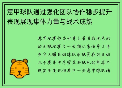 意甲球队通过强化团队协作稳步提升表现展现集体力量与战术成熟