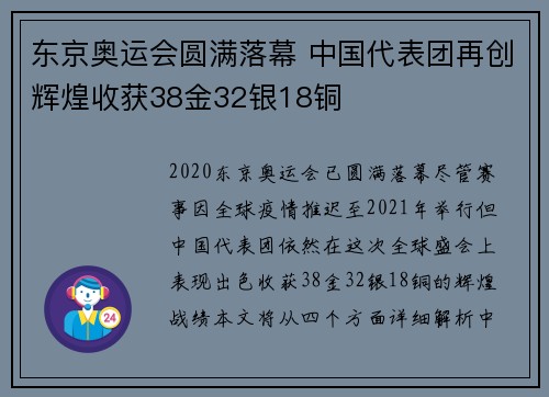 东京奥运会圆满落幕 中国代表团再创辉煌收获38金32银18铜